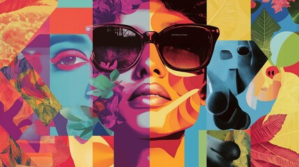modern collage of pop culture icons depicting emotions, vibrant tapestry of color and rhythm, in repeating patterns, vector, illustrated leaves and faces