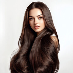 Brown hair girl with long shiny hair on a white background, shampoo advertising