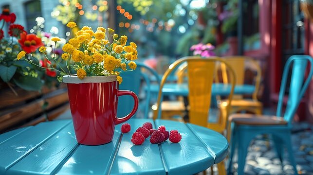 Mora fruits scattered across sunlit picnic table lively outdoor caf colorful chairs freshcut flowers softly blurred the background promoting a vibrant and fresh summer vibe Scientific name Morus nigra