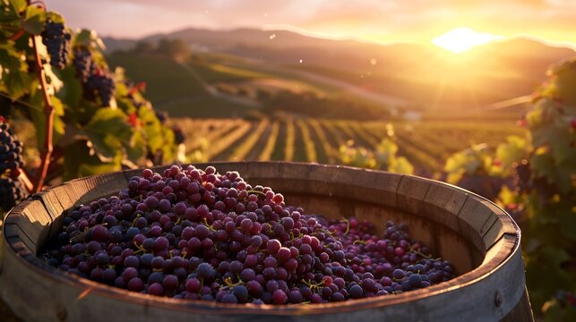 Mulberries being pressed into wooden wine barrel in a rustic vineyard with the sun setting behind rolling hills representing tradition and craftsmanship Scientific name Morus alba