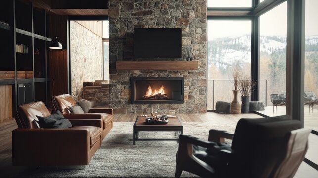 Modern rustic living room with stone fireplace and leather armchairs