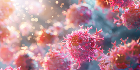 virus particles under sunlight, virus cells floating, soft light on viral cells

