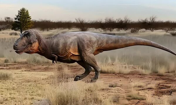 Tyrannosaurus Rex walking in a prehistoric landscape.