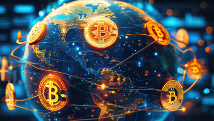 Fototapeta premium Glowing Blockchain Network Encircling the Earth: A Global Digital Revolution