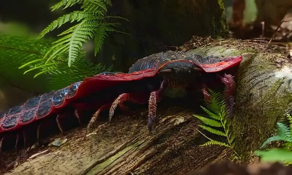 A close-up shot of a Giant Red Velvet Worm, a fascinating creature found in tropical rainforests.