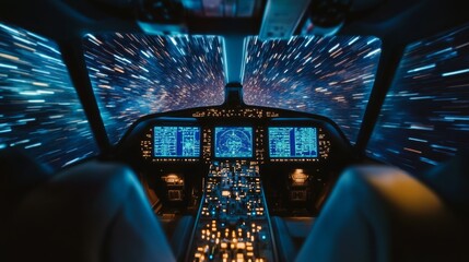 Pilot's Perspective: Cosmic Journey Through a Nebula in a High-Tech Spaceship Cockpit