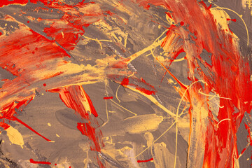 Abstract painting with bold red and yellow brushstrokes on gray canvas