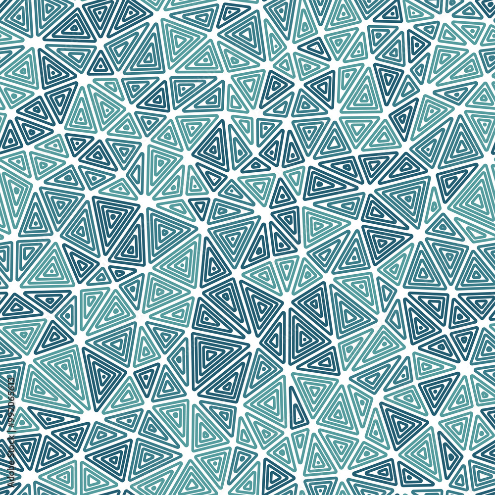 Poster mosaic background. multiple repeated inner triangles. compact triangles size. multiple colors style.