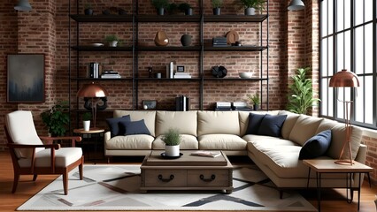 Modern Living Room with Beige Sofa and Brick Wall