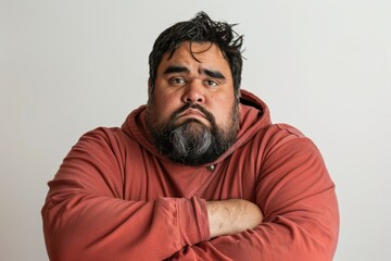 Obraz premium Overweight man with funny expression trying to lose weight at the gym.