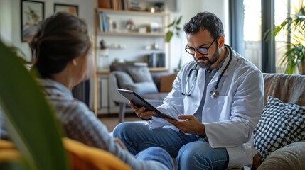 Doctor consulting patient at home, modern healthcare and telemedicine concept