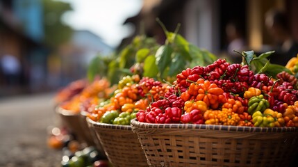 Nance fruits displayed woven basket bustling street market colorful produce and street vendors softly blurred behind creating a vibrant lively marketplace feel Scientific name Byrsonima crassifolia