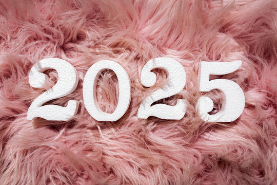 White 2025 numerals on a pink fluffy background