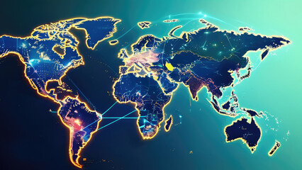 Digital World Map: Currency Symbols Connected by Glowing Lines in a Global Network