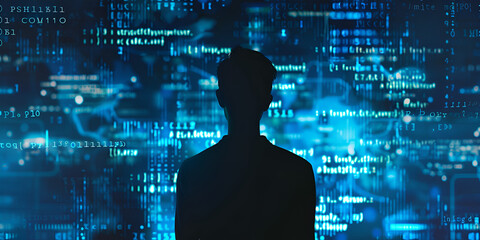 Silhouetted in the Digital Realm:, hacker with binary codes, Merging of Human Intelligence Artificial Data Networks,  four fundamental arithmetic operations, digital binary codes facts on big screen 