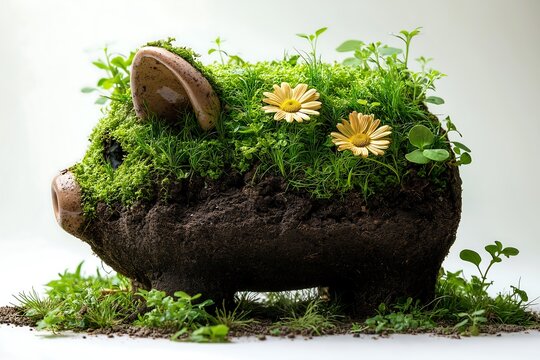 piggy bank covered in farmland elements, with grass, soil, and small patches of a green field growing on its surface. Made from the earth and farmland, symbolizing investment in land