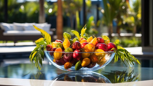Nance fruit floating crystalclear glass bowl bright poolside table reflection of tropical plant sun umbrella softly blurred behind promoting refreshing vacation vibe Scientific name Byrsonima