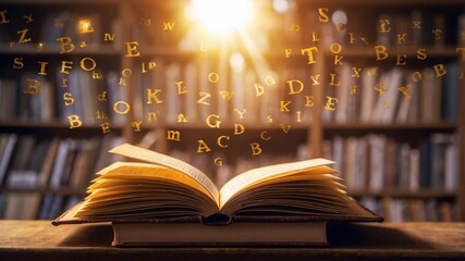 Open book with glowing letters in sunlight