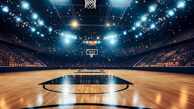 Empty basketball arena with illuminated court, representing sports venue, professional basketball, competition, and event preparation.

