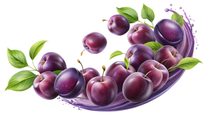 plums with leaves isolated on transparent background png