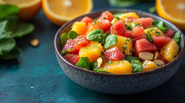 Naranjilla fruit salad fresh spinach almonds citrus dressing served vibrant rooftop caf the sunset skyline softly blurred behind promoting a light nutritious meal Scientific name Solanum quitoense