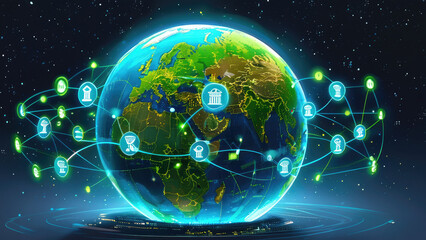 Obraz premium Earth Enveloped by Interconnected Banks: A Global Financial Network