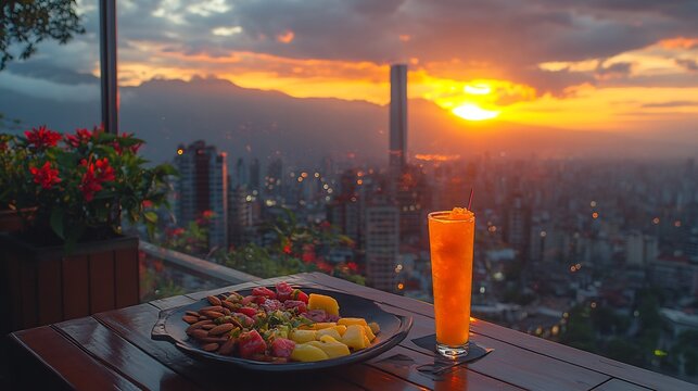Naranjilla fruit salad fresh spinach almonds citrus dressing served vibrant rooftop caf the sunset skyline softly blurred behind promoting a light nutritious meal Scientific name Solanum quitoense