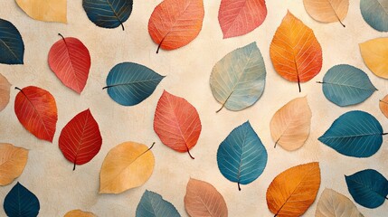 Colorful autumn poplar leaves create a beautiful, simple pattern on a beige background. This textured pattern is perfect for fall decor or design.