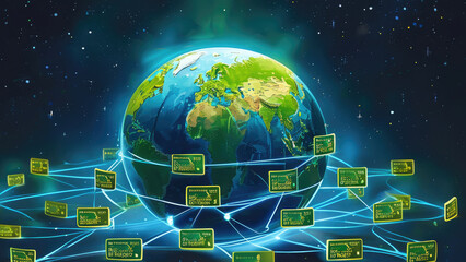 Fototapeta premium Earth Enveloped by Interconnected Banks: A Global Financial Network
