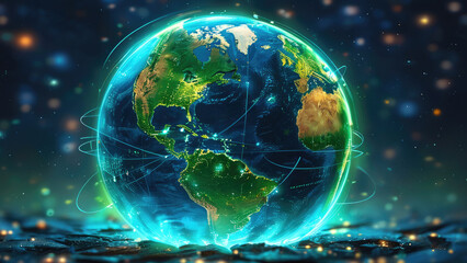 Obraz premium Earth Enveloped by Interconnected Banks: A Global Financial Network