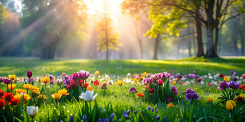 Obraz premium Peaceful morning in the park with dew-covered grass, colorful flowers, and a serene atmosphere, morning, park, dew, grass