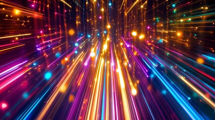 Colorful beams of laser light cascade downwards, creating a captivating display.