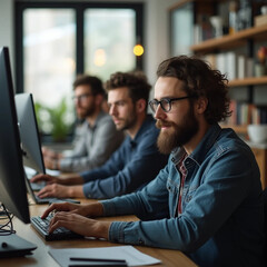 Group of diverse colleagues working on the computers in the modern office or coworking space, bearded hipster as a programmer writing code