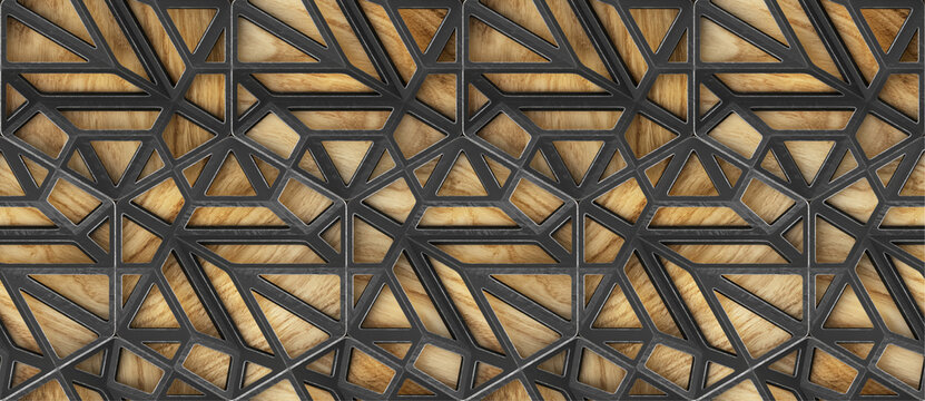 Seamless 3D geometric pattern with wood and metal textures