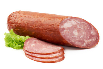 Smoked Ham sausage, isolated on white background