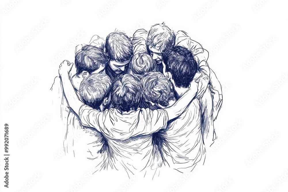 Poster a line drawing depicting a team of members huddled together in a circle, symbolizing unity and colla