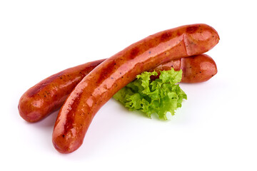 Grilled bratwurst Pork Sausages, close-up, isolated on white background