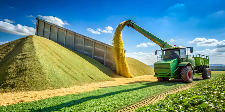 Corn silage being compacted in a silo trench under a clear blue sky , silage, corn, agriculture, farming