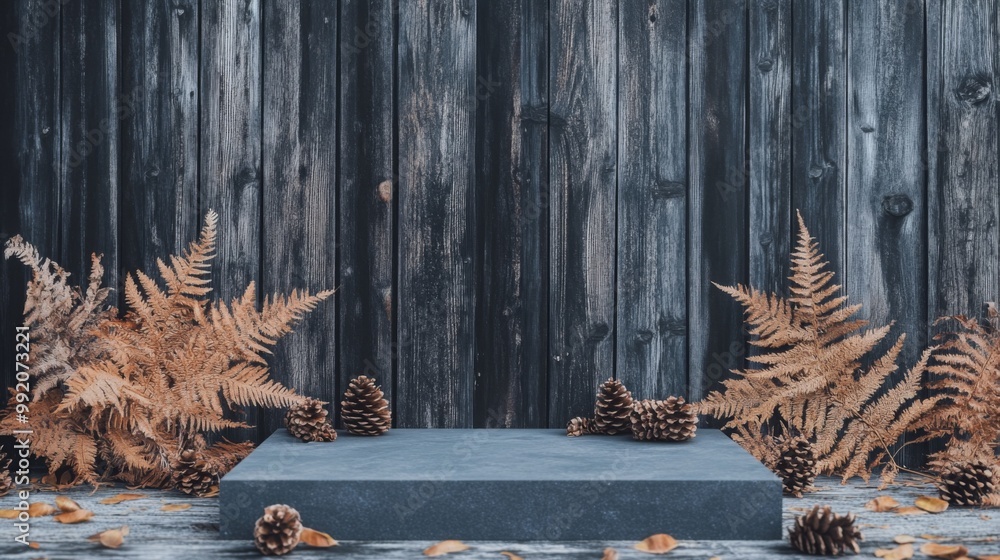 Poster A gray platform sits in front of a weathered wood wall. The platform is surrounded by brown ferns and pine cones. There are also some fallen leaves in the foreground.