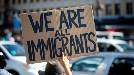 Person holding sign with "We Are All Immigrants" in an urban protest setting