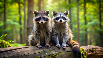 Obraz premium Two raccoons sitting on a log in the forest, raccoon, animals, wildlife, nature, cute, mammals, outdoor, woodland, friends
