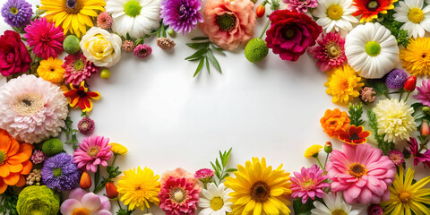 Frame of colorful flowers on a white background, flowers, frame, floral, vibrant, bright, petal, bouquet, nature, beauty