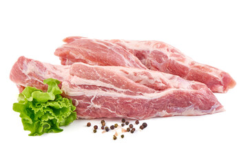 Pork fillet tenderloin, raw meat, close-up, isolated on white background