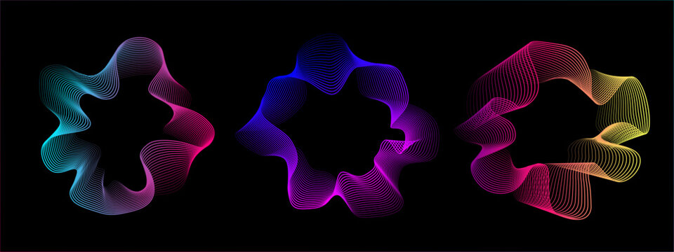 A set of multicolored neon sound waves. Sound lines, radial spectrum, sound equalizers. Colorful equalizer background. Colorful cover for music poster and banner. Vector radial spectrum.