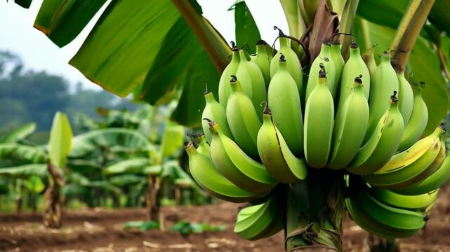 Bananas are hanging on a banana tree. Banana is a tropical, yellow, elongated fruit with a sweet, creamy flesh, rich in potassium and vitamin B6, encased in a peel. 