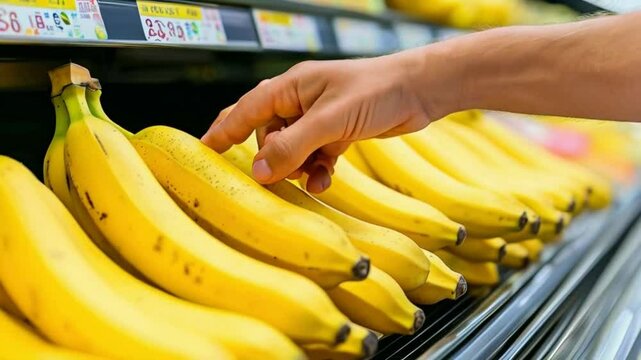 Bananas in supermarkets. Banana is a tropical, yellow, elongated fruit with a sweet, creamy flesh, rich in potassium and vitamin B6, encased in a peel. 