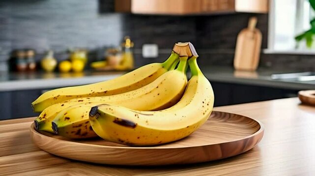 Bananas on a wooden plate. Banana is a tropical, yellow, elongated fruit with a sweet, creamy flesh, rich in potassium and vitamin B6, encased in a peel. 
