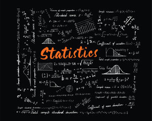 Statistics math law theory and mathematical formula equation doodle chalk handwriting icon with graph chart and diagram in the background