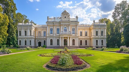 Obraz premium Exploring the Enchantment of a Royal Mughal Garden: A Journey Through Lush Botanicals, Ornate Arches, and the Graceful Presence of Peacocks in a Serene Landscape