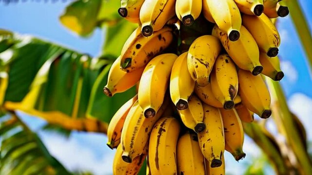 Bananas are hanging on a banana tree. Banana is a tropical, yellow, elongated fruit with a sweet, creamy flesh, rich in potassium and vitamin B6, encased in a peel. 